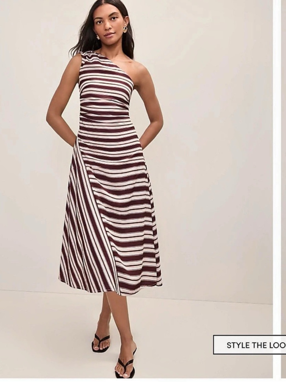 Ann Taylor Striped Midi Dress Striped One-Shoulder Midi Dress in Purple & White